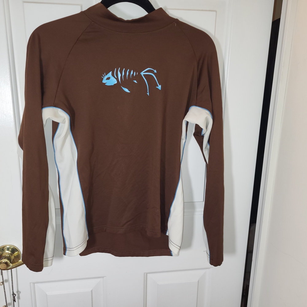 Brown and White Long Sleeve Shirt with Fish Skeleton Design